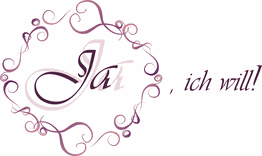Verzierte Schrift "Ja, ich will!" mit geschwungenen lila Verzierungen um das Wort "Ja".