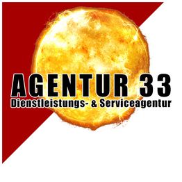 Agentur 33 Logo mit leuchtender Sonne und rotem Dreieck im Hintergrund.