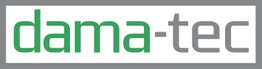 Logo mit grün-grauem Text: "dama-tec" auf weißem Hintergrund und grauem Rahmen.