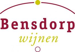 Logo van Bensdorp wijnen, tekst in rood en geel met gestileerde bogen.