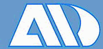 Logo mit blauen Buchstaben "AD" auf einer hellblauen Hintergrund.