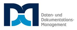 Logo für Daten- und Dokumentations-Management mit blauen und grauen Designelementen.
