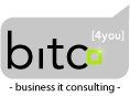 Logo von Bitco in Grau und Grün mit dem Slogan „business it consulting“.