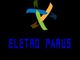Logotipo com fitas coloridas e texto azul "Eletro Parus" em fundo preto.