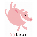 Roze varken met de tekst "(s)teun" eronder.