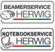 Logos: Oben "Beamer Service Herwig", unten "Notebook Service Herwig", mit Geräte-Symbolen.