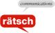 Sprechblasen: Oben "communications" in Grau, unten "rätsch" in Rot.