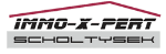 Logo mit Text "IMMO-X-PERT Scholtysek" und stilisiertem roten Dach darüber.
