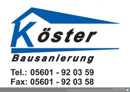 Logo der Firma Köster Bausanierung mit Telefonnummern für Telefon und Fax.