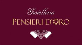 "Scritta 'Gioielleria Pensieri d'Oro' su sfondo rosso con diamante stilizzato in bianco."
