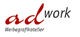 Logo mit Text „ad work“ und „Werbegrafikatelier“ in Schwarz und Rot, stilvolle Schrift.