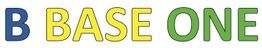 Text "B BASE ONE" in blauer, gelber und grüner Schrift auf weißem Hintergrund.