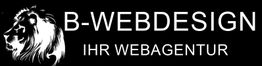 Logo mit Löwenkopf, Text: "B-WEBDESIGN, IHR WEBAGENTUR" auf schwarzem Hintergrund.