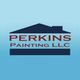 Logo with silhouette of house roof and text: "Perkins Painting LLC" on blue background.