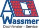 Logo von Wassmer Dachfenster-Service mit Dach und geöffnetem Fenster.