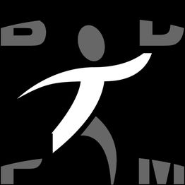 Abstract figure running with stylized letters around it on a black background.