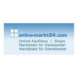 Blaues Logo mit Text: "online-markt24.com, Online-Kaufhaus, Marktplatz für Handwerker und Dienstleister".