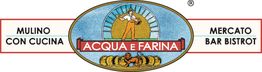 Logo di "Acqua e Farina" con un mulino, un uomo, e scritte: "Mulino con cucina" e "Mercato Bar Bistrot".