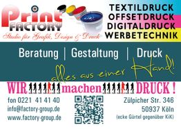 Print Factory Werbeposter mit Druckservices, Beratung, Gestaltung, Druck und Kontaktdaten.