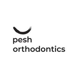 Logo with a curved line above the text "pesh orthodontics" in black font.