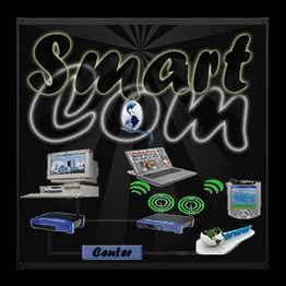 "Grafik mit PC, Laptop, Router, Smartphone, Zeitung und Smart-Home-Gerät, Titel: SmartCom."