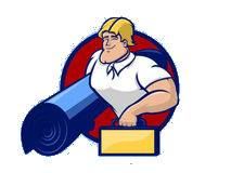 Dibujo de hombre con alfombra azul y maletín amarillo sobre un fondo circular rojo.