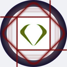 Ein abstraktes grafisches Symbol mit grüner Form und roten Linien auf weißem Hintergrund.