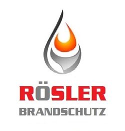 "Logo mit Flamme und Text: RÖSLER BRANDSCHUTZ in Rot und Grau."