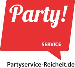 Rotes Logo mit dem Wort "Party!" und darunter "Service" in Weiß. Unten steht Partyservice-Reichelt.de.