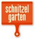 Rotes Schild mit dem Text "schnitzel garten" in weißer Schrift.