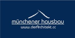Logo von Münchener Hausbau mit Website www.derArchitekt.cc auf blauem Hintergrund.