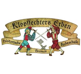 Zwei Fechter in mittelalterlicher Kleidung mit Schwertern, Text: "Klopffechters Erben, Bremen".