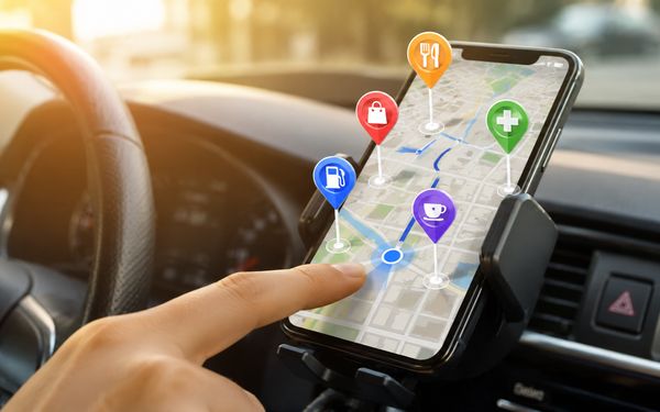 Smartphone mit Kartenansicht und lokalen Standortmarkierungen für Restaurants, Geschäfte und Dienstleistungen als Symbol für hyperlokale Suche und Local SEO.