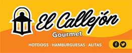 Letrero de "El Callejón Gourmet": Hotdogs, hamburguesas, alitas, con fondo amarillo y naranja.