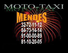 Imagem de anúncio de moto-táxi Mendes com números de telefone sobre fundo de fogos de artifício.