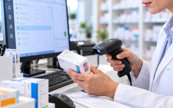 Nahaufnahme einer Apothekerin, die mit einem Handscanner den Data-Matrix-Code auf einer Medikamentenpackung erfasst, um die Arzneimitteldaten digital zu prüfen und Fehler bei der E-Rezept-Abrechnung zu vermeiden.
