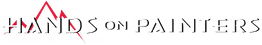 Logo for "Hands on Painters" with red triangles and text about interior and exterior painting.