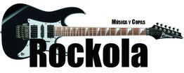 Guitarra eléctrica con texto "Música y Copas Rockola" en letras grandes y negras.