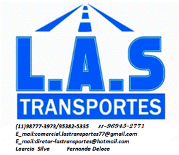 Logotipo da L.A.S Transportes com e-mails e números de telefone para contato.