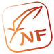Symbol mit Feder und den Buchstaben "NF" in einem rot-orangenen Farbverlauf.