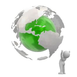 3D-Figur hebt eine grün-silberne Weltkugel in die Höhe.