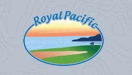 Logo with "Royal Pacific" above a coastal golf course at sunset.
