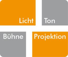 Geometrische Formen mit Text: "Licht", "Ton", "Bühne", "Projektion" in Gelb und Grau.