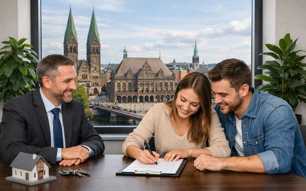 Ein junges Paar unterschreibt einen Kaufvertrag, im Büro ihres Maklers in Bremen. Im Hintergrund ist die Bremer Skyline zu erkennen.