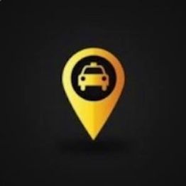 Icono de ubicación de taxi amarillo con fondo negro.