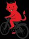 Roter Teufel auf einem Fahrrad mit schwarzem Hintergrund, lächelnd und mit Hörnern und Schwanz.