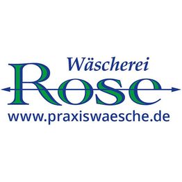 Logo der Wäscherei Rose mit Website www.praxiswaesche.de in blau und grün.