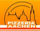 Logo der Pizzeria Aachen mit Skyline auf orangefarbenem Hintergrund.
