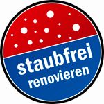Runder Aufkleber mit "staubfrei renovieren" in Blau und Rot, weiße Punkte oben.
