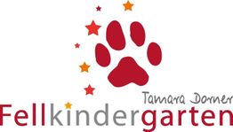 Logo mit roter Pfote, bunten Sternen und Text: "Fellkindergarten Tamara Dorner".